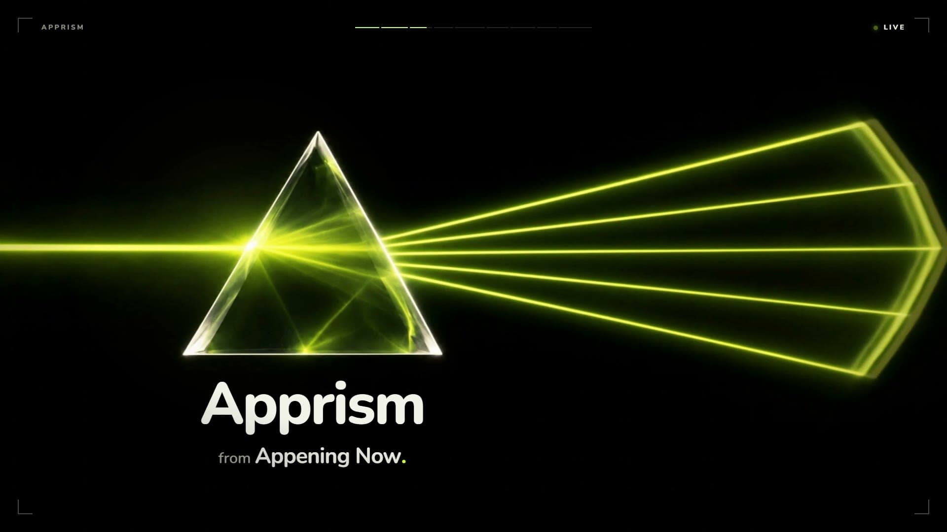 A glass prism splitting one lime beam into many, above the words Apprism, from Appening Now.