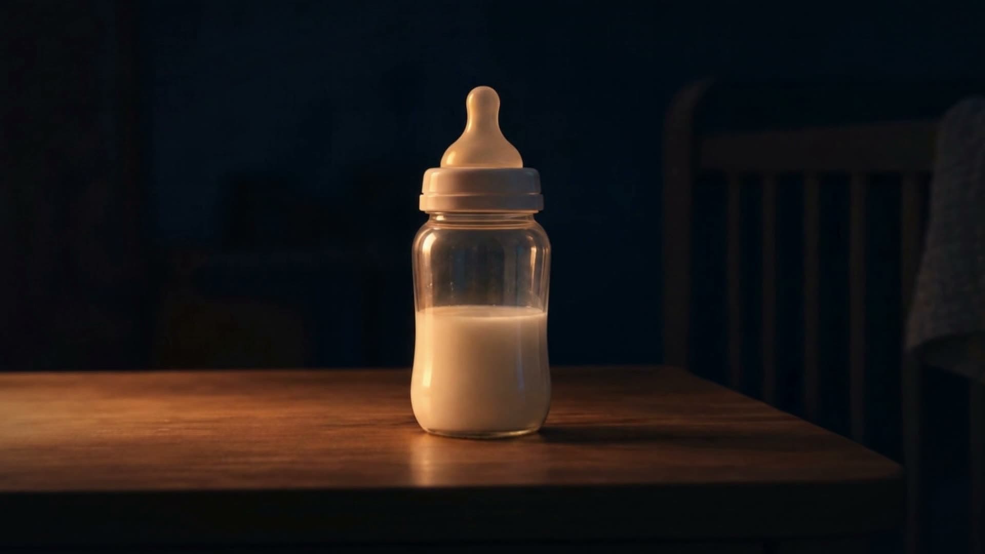 A baby’s bottle on a bedside table at night, lit by a warm lamp.