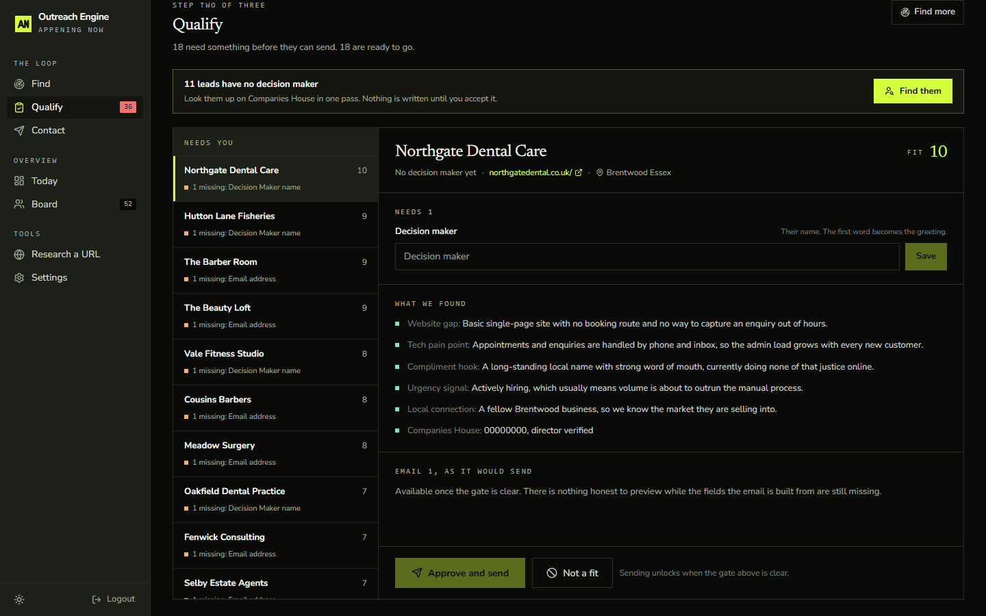 The Outreach Engine prospect qualification screen
