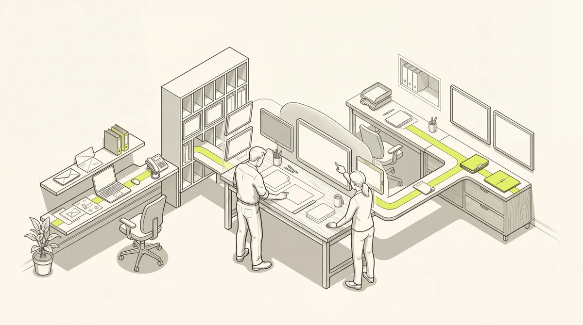 An illustrated team working together around connected desks and screens.
